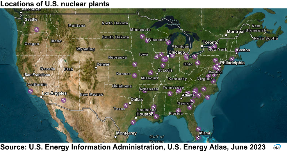 Map of United States showing approximate locations of U.S. nuclear power plants as of June 2023