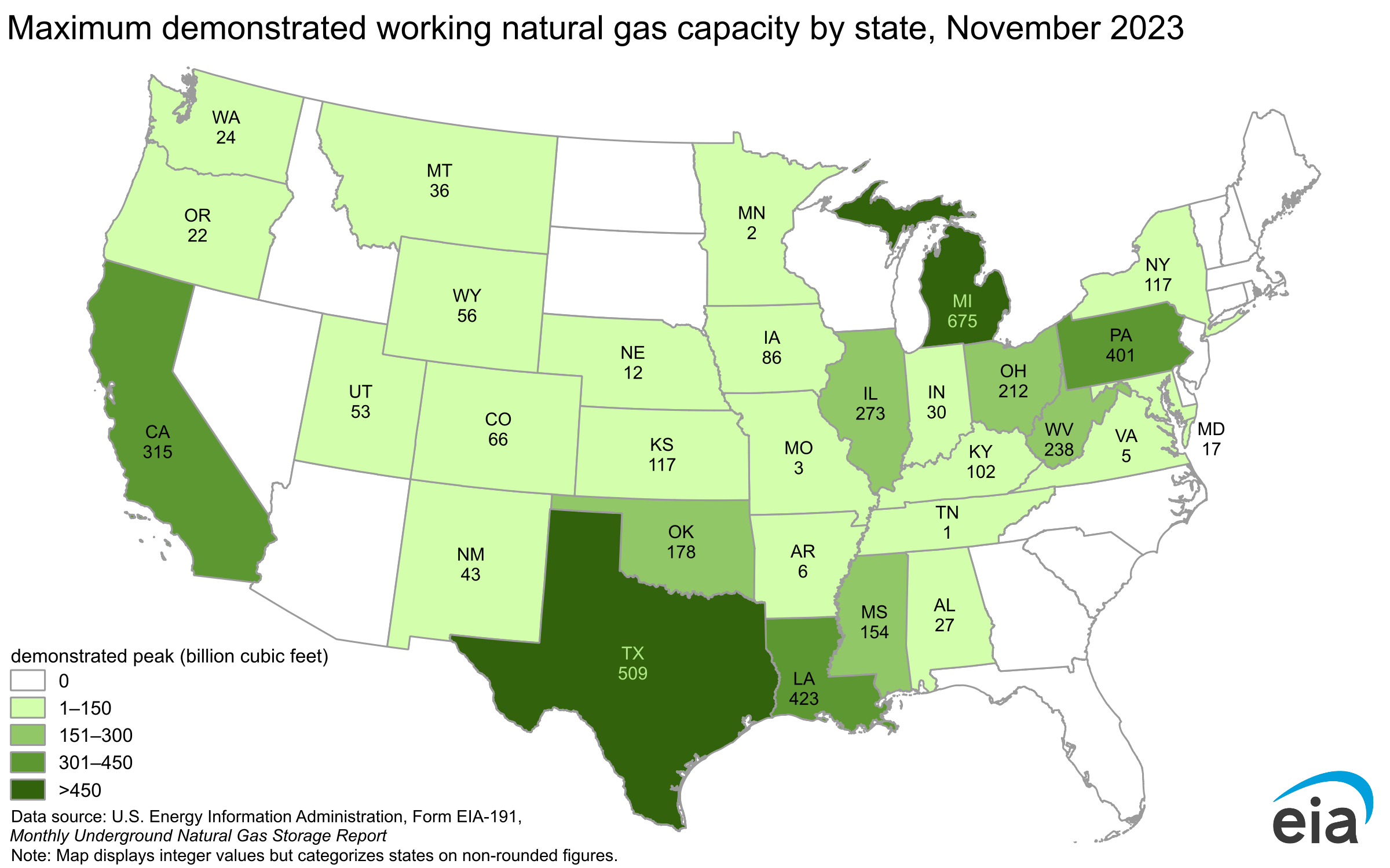 Maximum demonstrated working natural gas capacity by state, November 2023