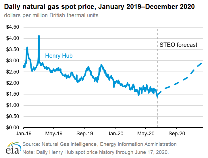 Daily natural gas spot price, January 2019—December 2020
