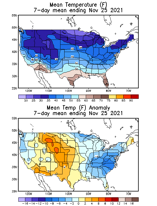 Mean Temperature (F) 7-Day Mean ending Nov 25, 2021