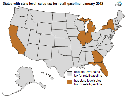 map of State-level excise and salex taxes for retail gasoline, January 2012, as described in the article text
