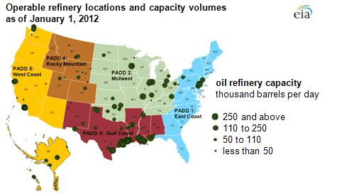 map of Operable refinery locations and capacity volumes as of January 1, 2012, as described in the article text