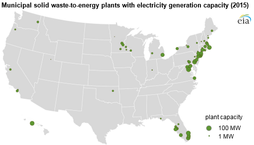 map of municipal solid waste-to-energy plants with electricity generation capacity, as explained in the article text
