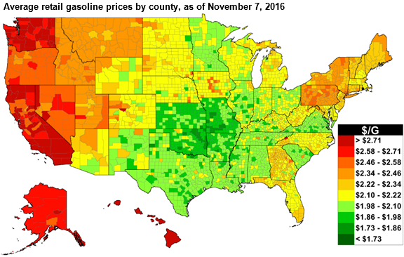 map of U.S. gasoline prices, as explained in the article text