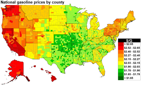 map of U.S. regular retail gasoline prices, as explained in the article text